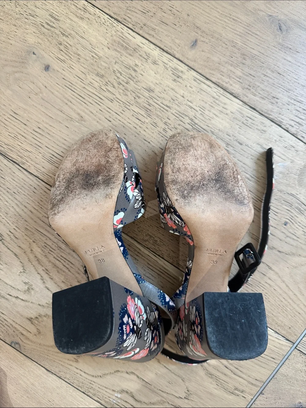 Furla Floral Strap Heels in Navy and Coral